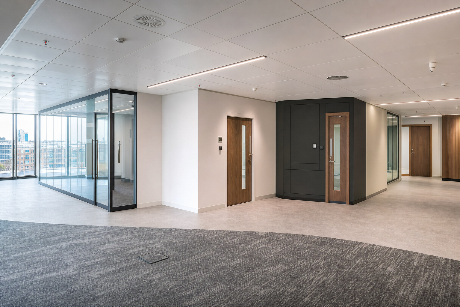 Modern office space with carpeted flooring, glass partitions, and wooden doors.
