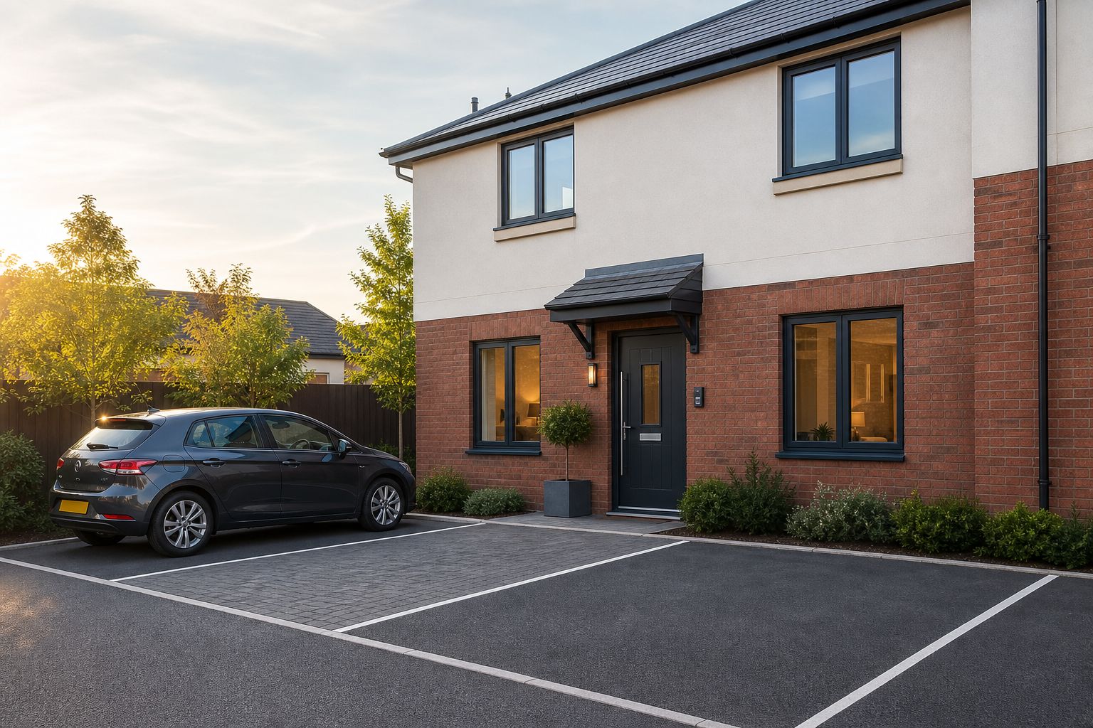 Modern two-storey house with brick and render facade, a parked car, and illuminated windows at sunset.