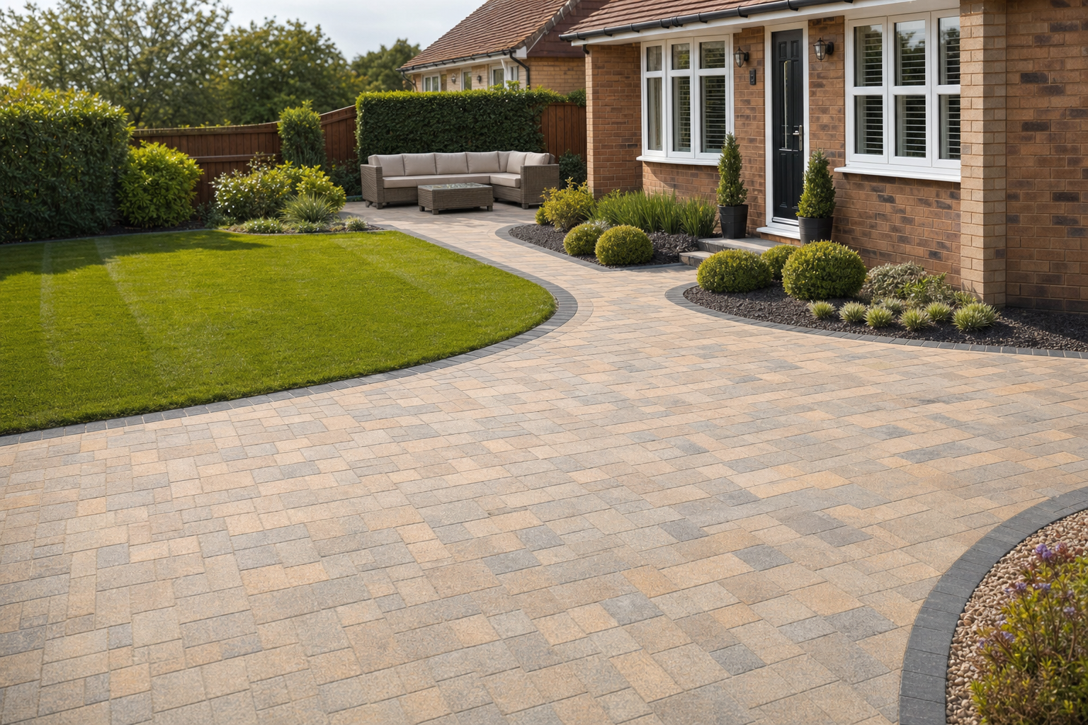 A neatly paved driveway curves towards a brick house with a well-maintained lawn and garden.