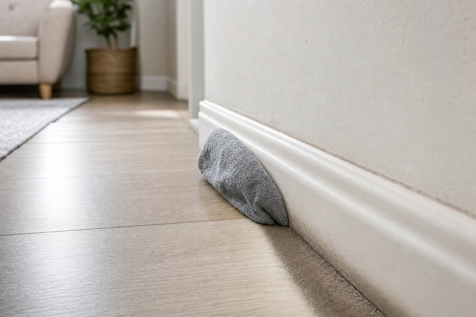 A grey door draft stopper against a white skirting board on a wooden floor with a plant and sofa in the background.