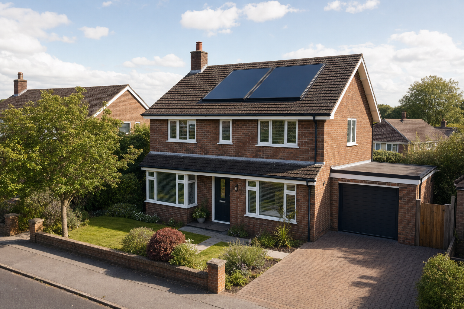 Modern brick house with solar panels on the roof and a tidy front garden.