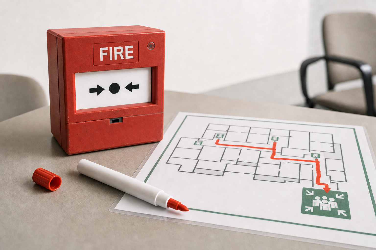 Red fire alarm and escape plan on a table with a red marker pen and cap nearby.