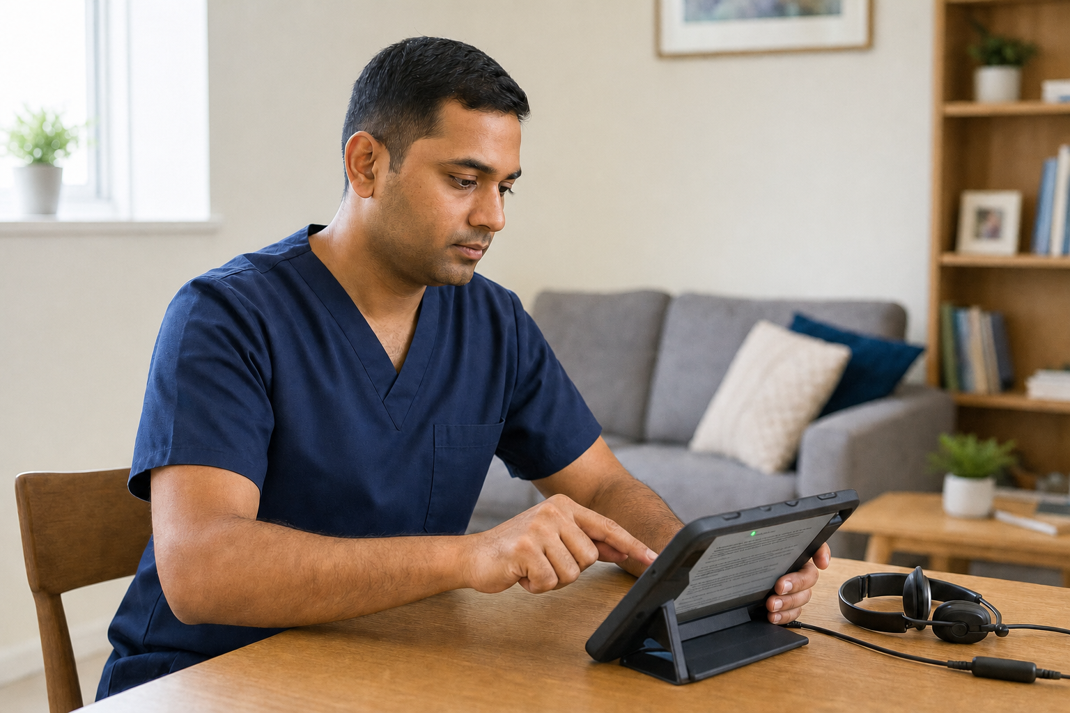 A man in blue scrubs uses a tablet in a well-lit room with a sofa and bookshelf in the background.