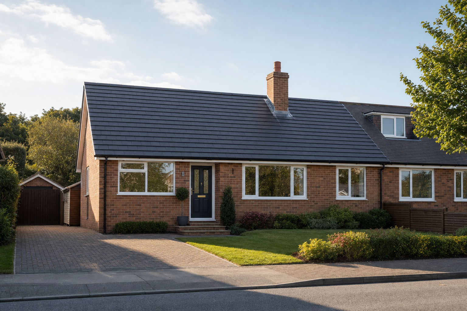 Single-storey brick house with a dark roof, front garden, and driveway leading to a detached garage.