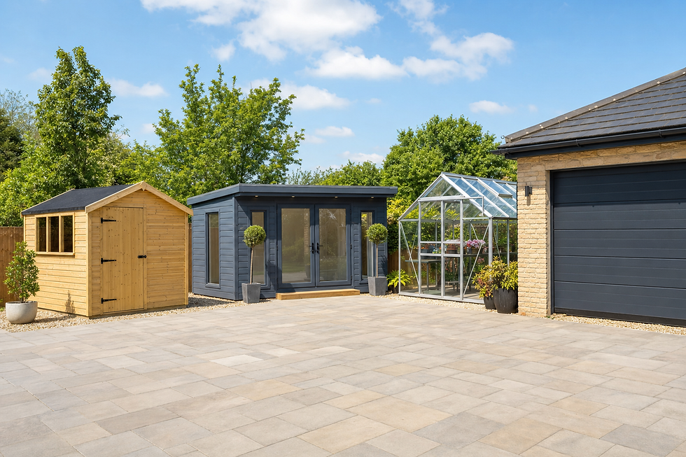 A garden scene featuring a wooden shed, a modern garden room, and a greenhouse on a sunny day.
