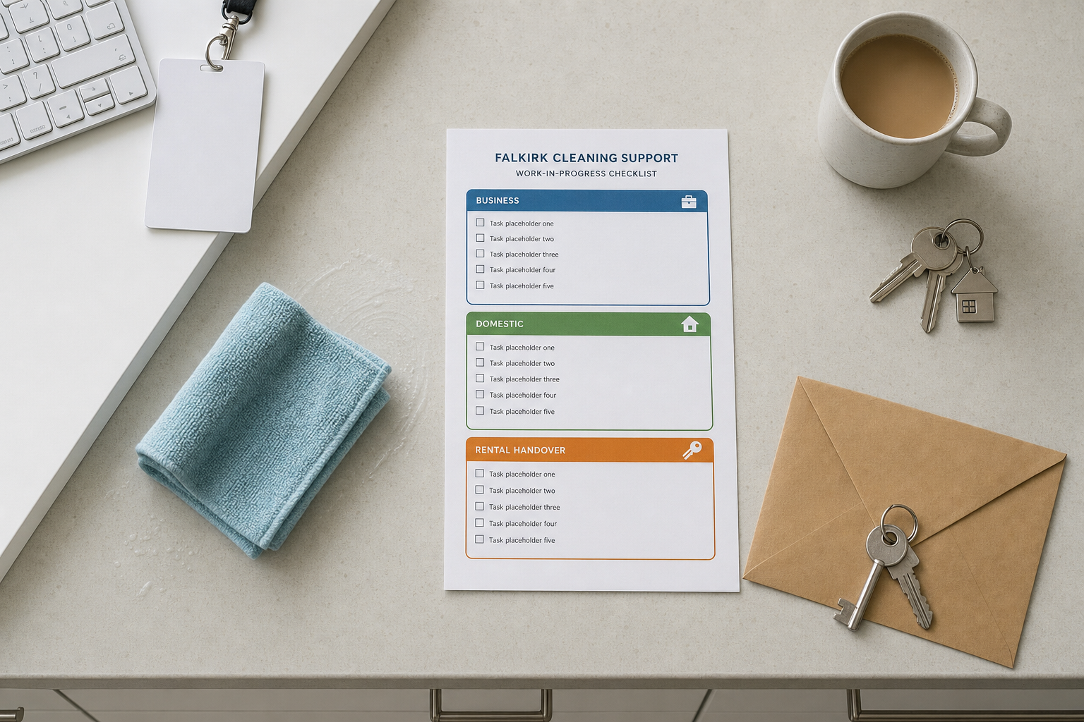 A cleaning checklist is placed on a counter beside a mug of tea, keys, an envelope, and a folded blue cloth.