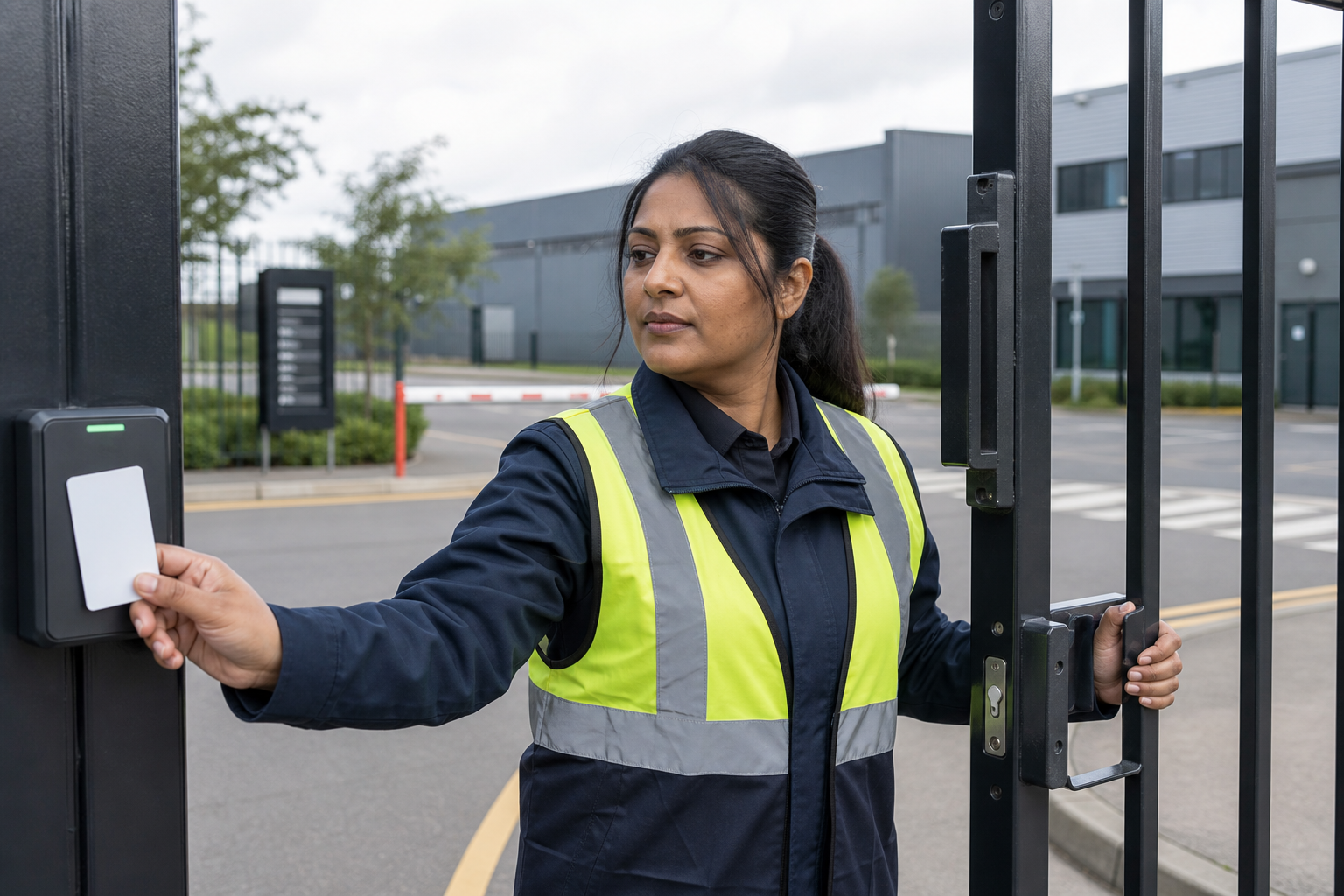 A security guard in a high-visibility vest uses a card to unlock a gate at a commercial building.