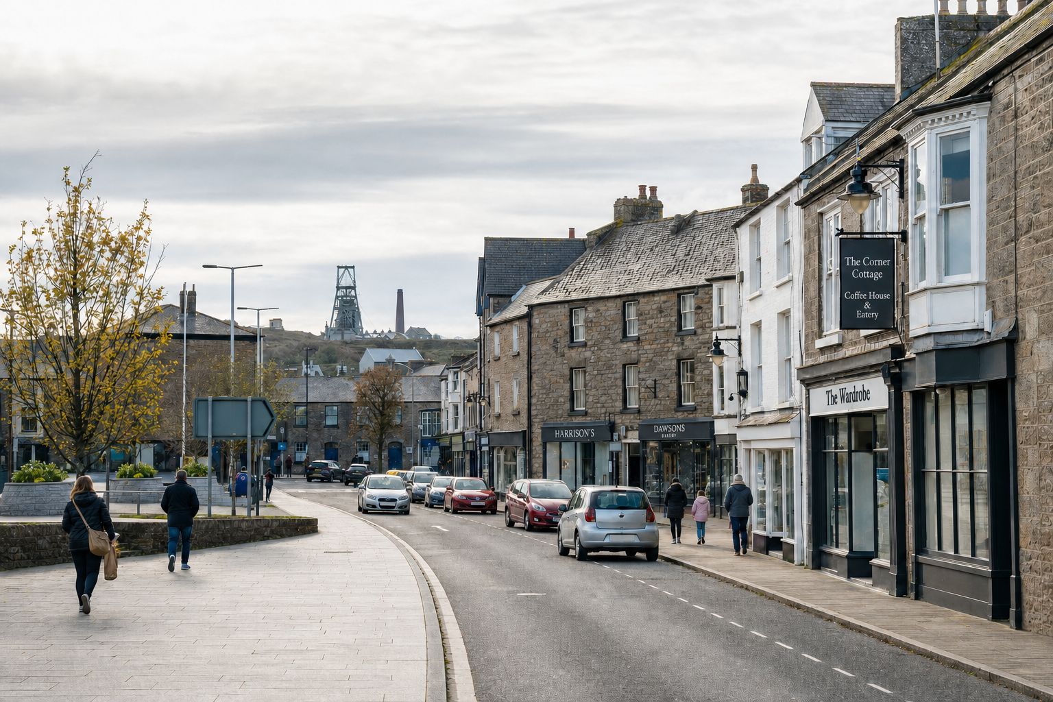 A quiet street in a quaint town with stone buildings, shops, parked cars, and distant industrial structures against a cloudy sky.