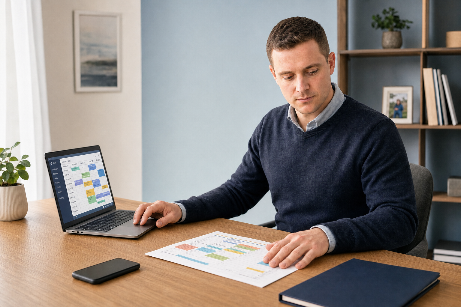 Man reviewing a printed schedule at a desk with an open laptop displaying a calendar.