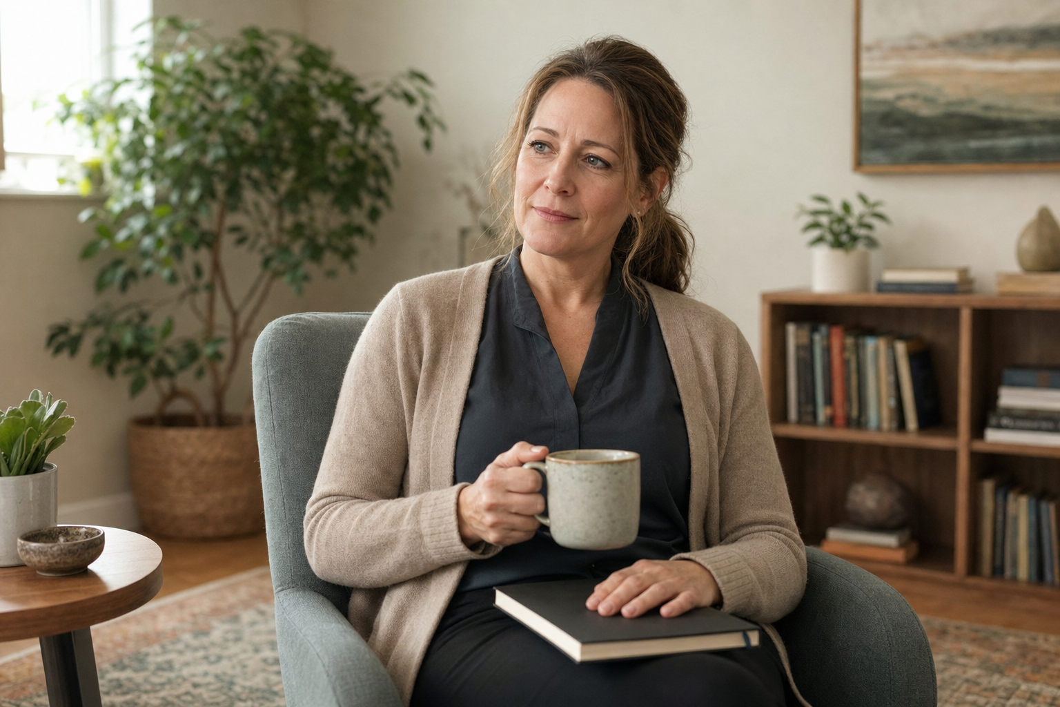 Woman sitting on an armchair, holding a mug and a book, in a cosy living room.