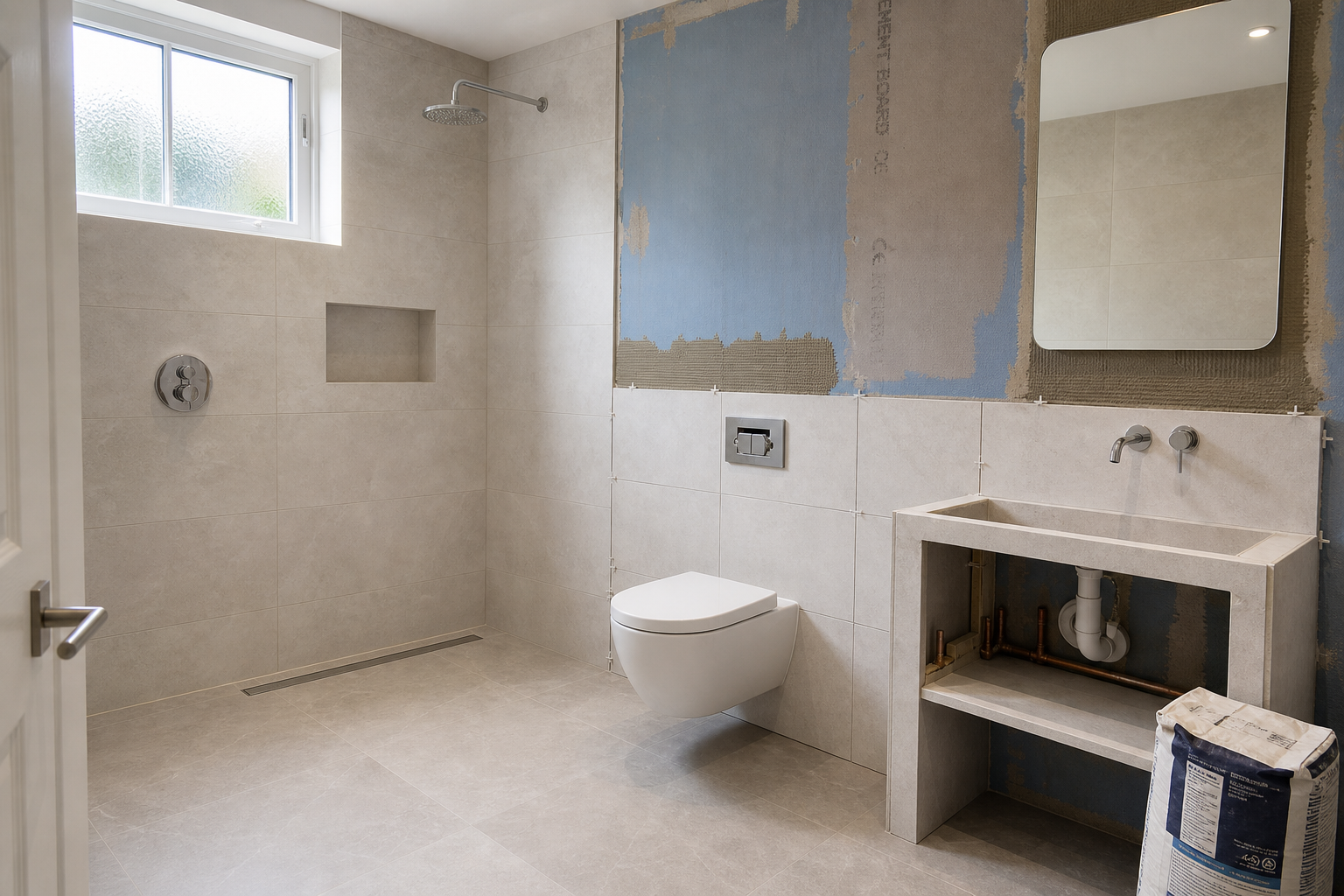 Modern bathroom under renovation with unfinished walls, wall-mounted toilet, shower head, and an inset sink.