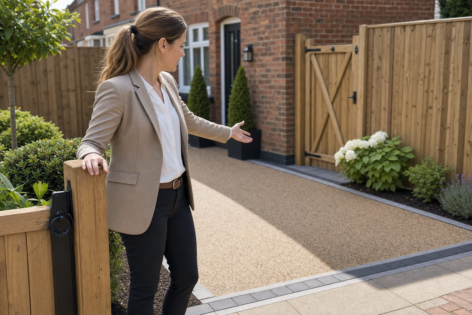 Woman in a blazer gestures towards a well-maintained garden and pathway outside a brick house.