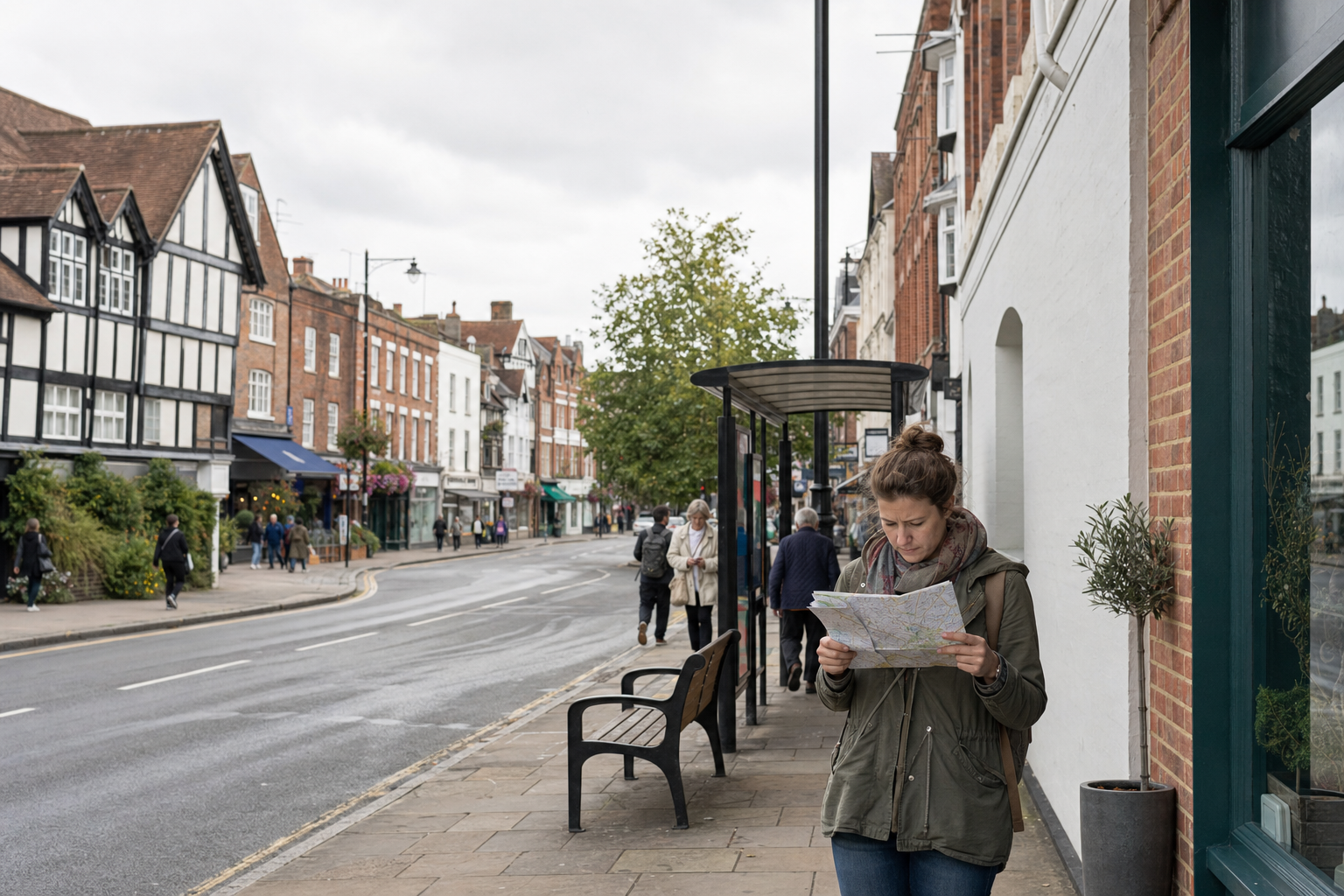 A woman stands on a town street holding a map, with historic buildings in the background and people walking nearby.