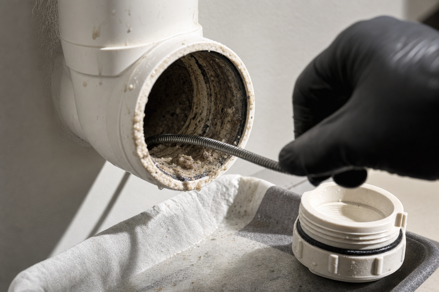 A gloved hand inserts a flexible drain snake into a clogged white PVC pipe for cleaning.