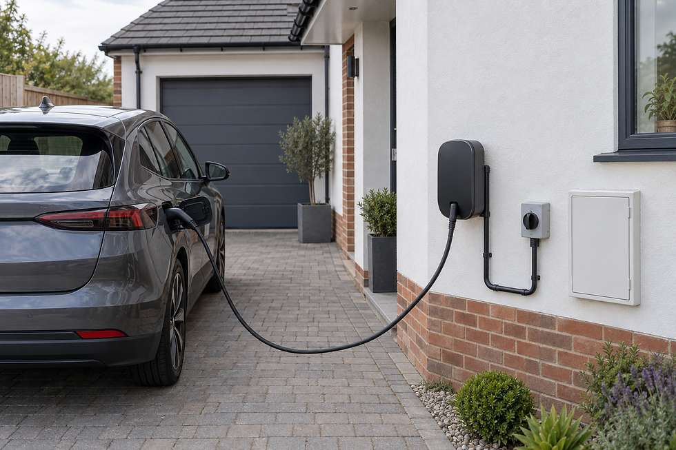Electric car charging in a residential driveway, connected to a wall-mounted home charger.