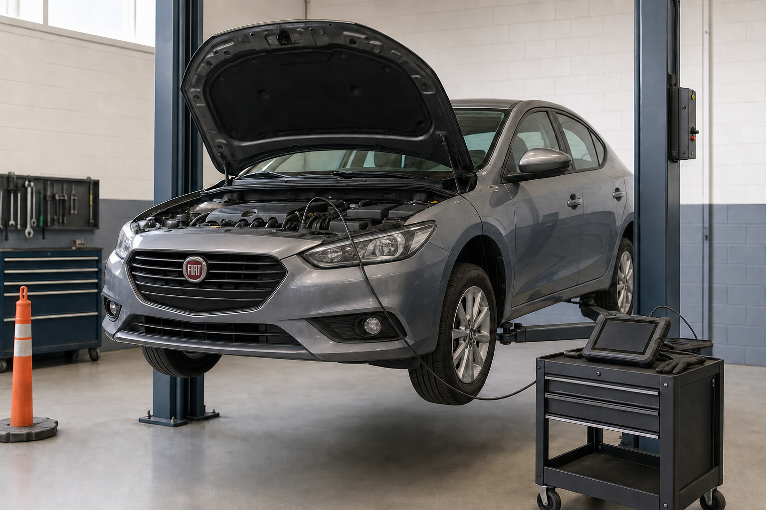 A silver Fiat car on a hydraulic lift in a garage, bonnet open for inspection.