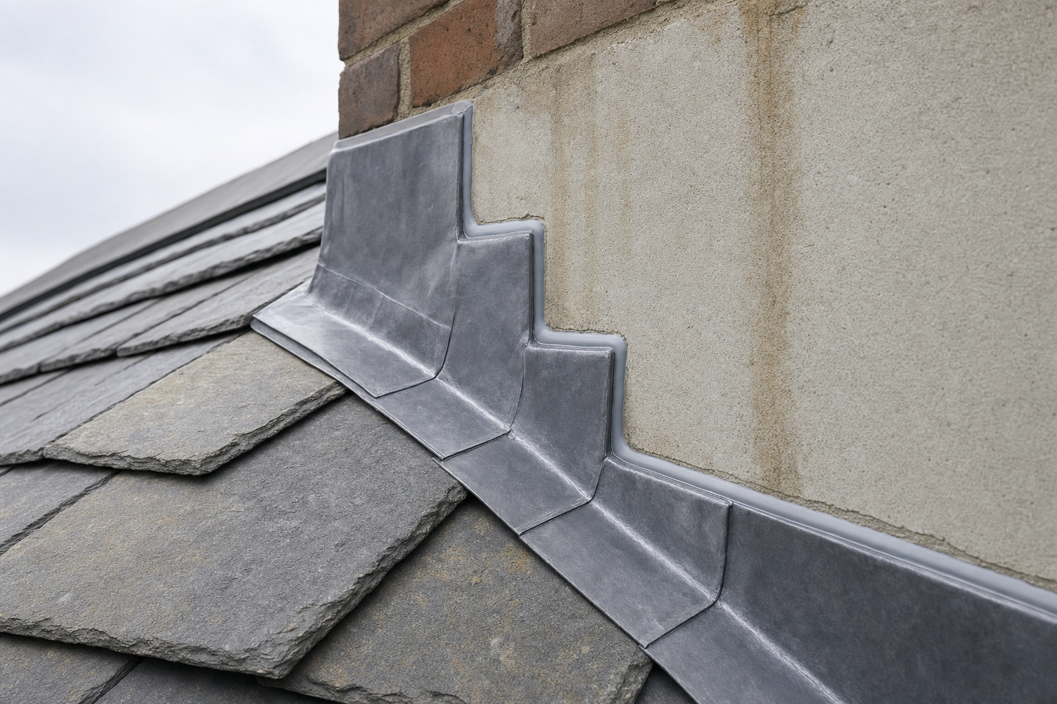 Lead flashing on a slate roof with a brick chimney, showing detailed weatherproofing.