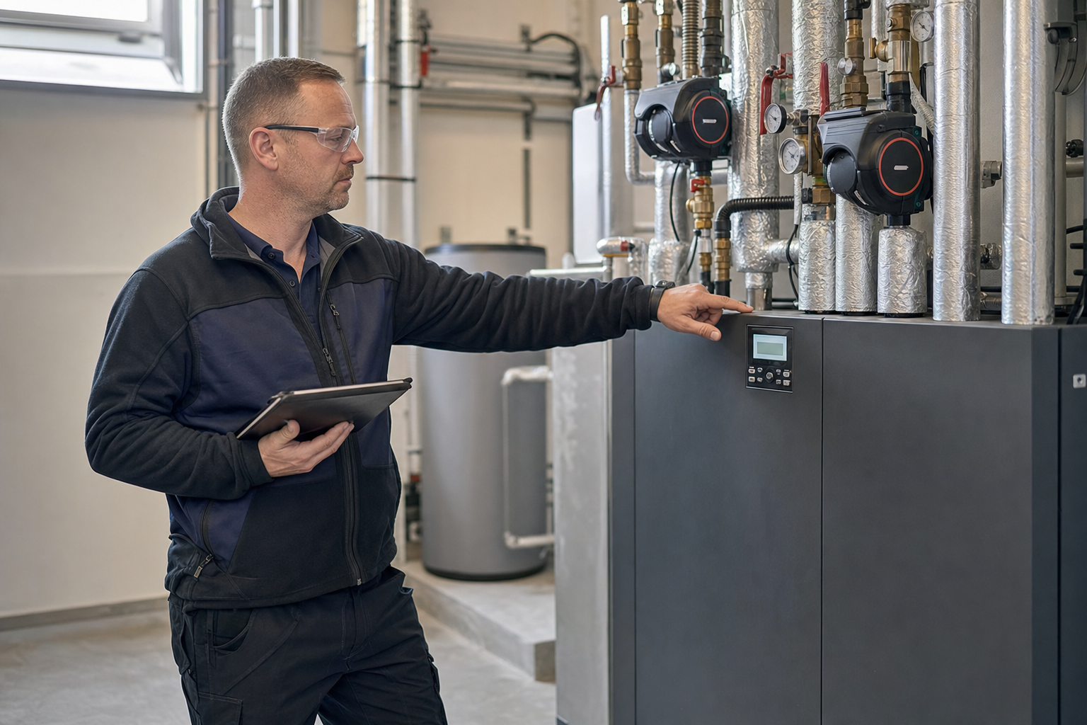 Technician holding a tablet adjusts settings on a control panel in a mechanical room.