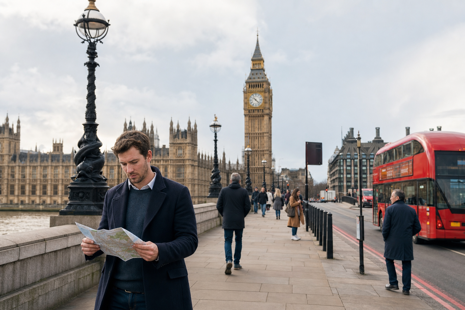 A man reads a map while standing on Westminster Bridge, with Big Ben and a red double-decker bus in the background.