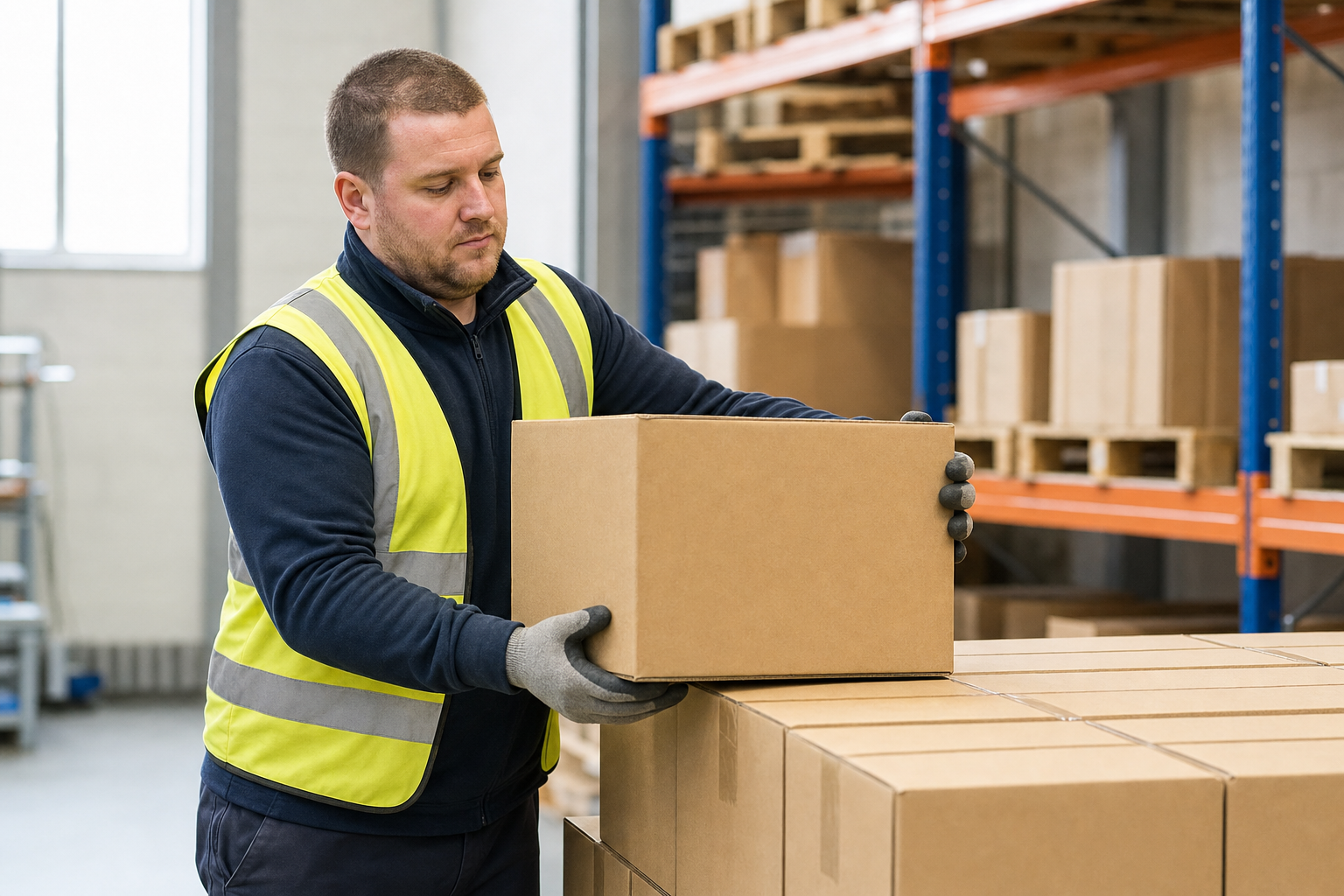 A warehouse worker wearing a high-visibility vest organises cardboard boxes on a table.