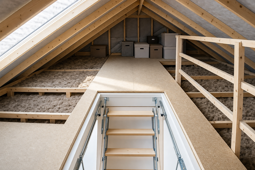 Wooden attic space with a folding ladder, exposed beams, and storage boxes neatly arranged on a wooden floor.