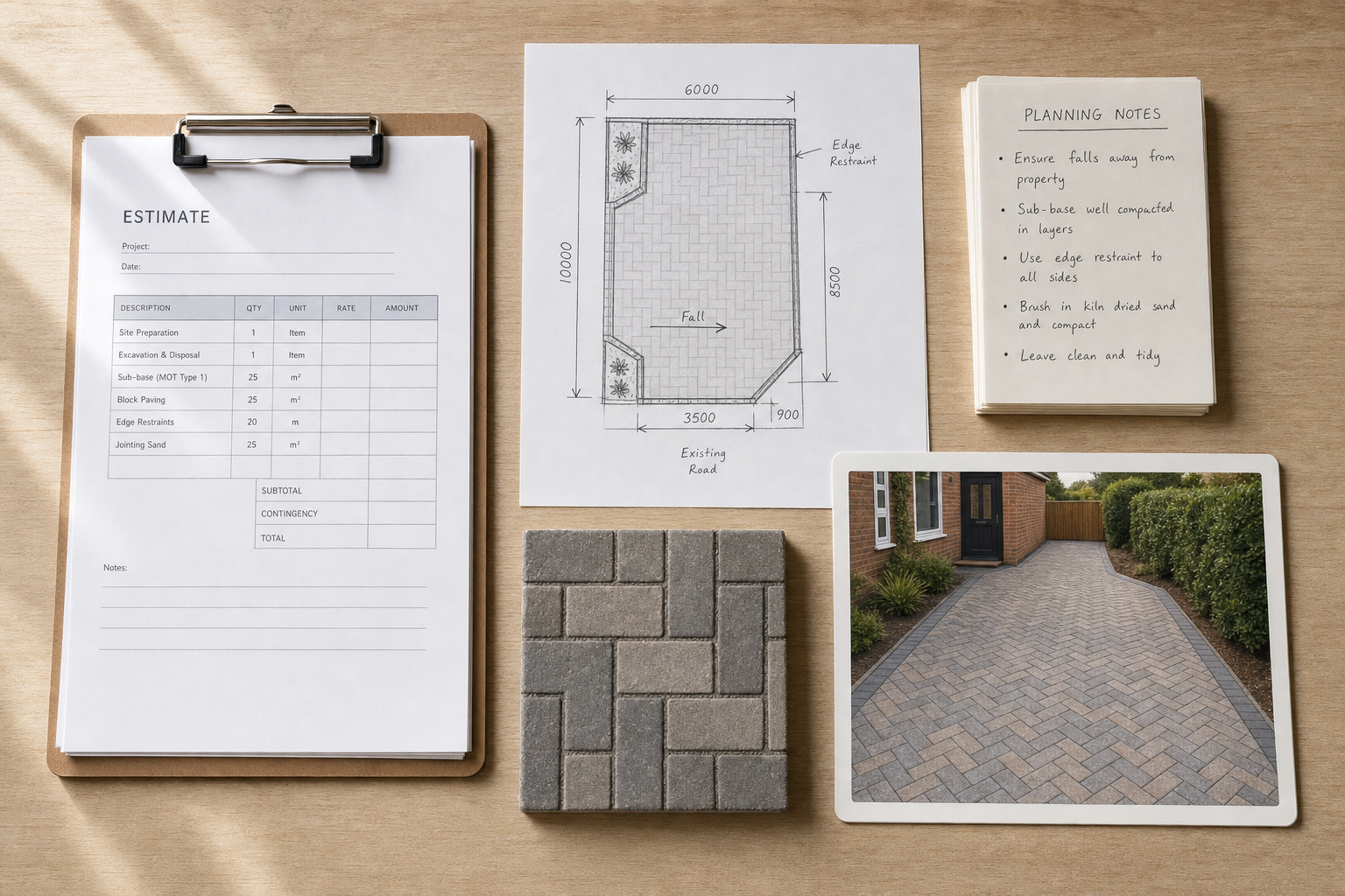 Driveway project paperwork with plans, estimate, paving sample, notes, and completed walkway photo on a wooden surface.