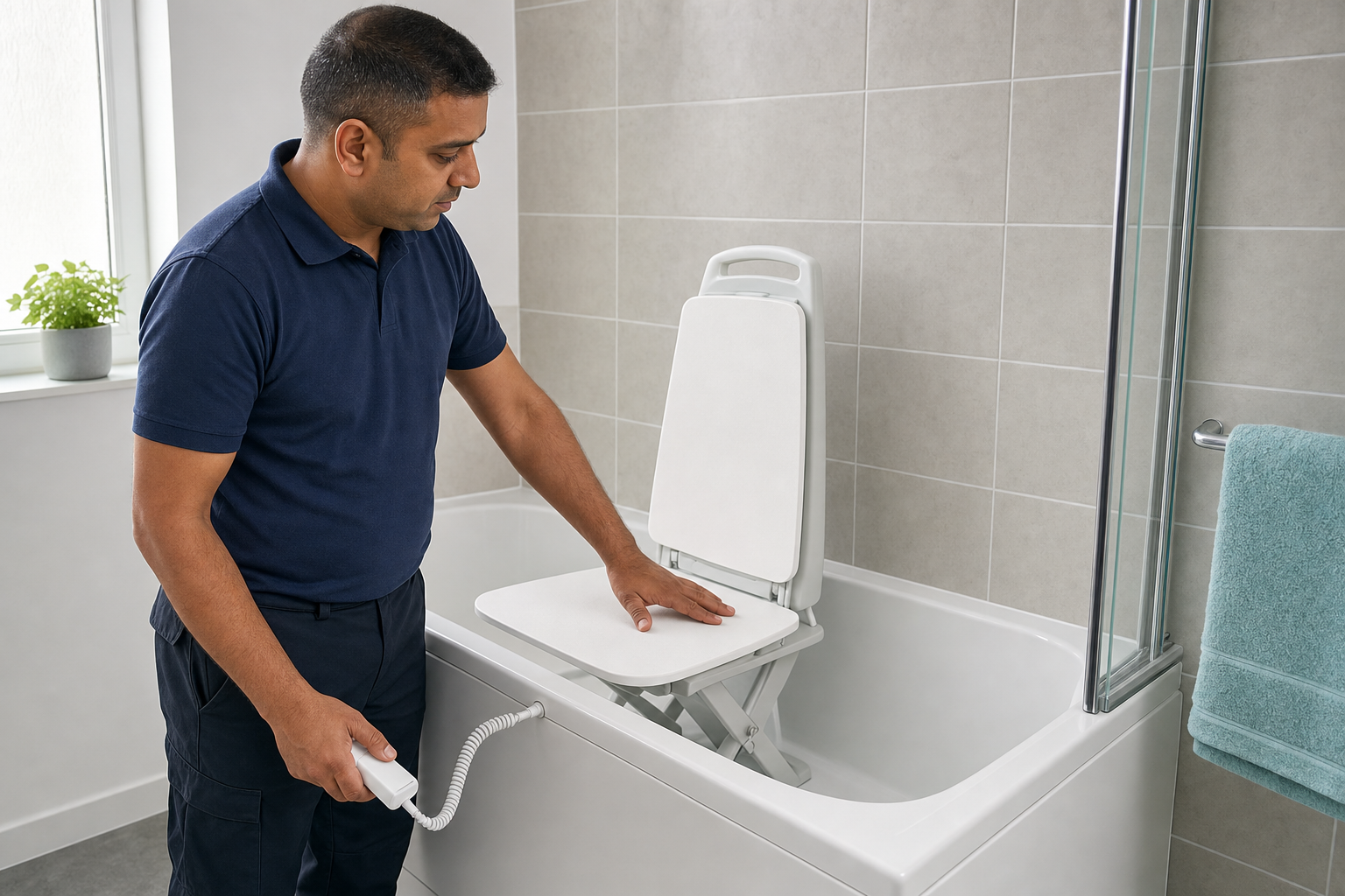 Man in a blue shirt demonstrating a bath seat lift in a modern bathroom.