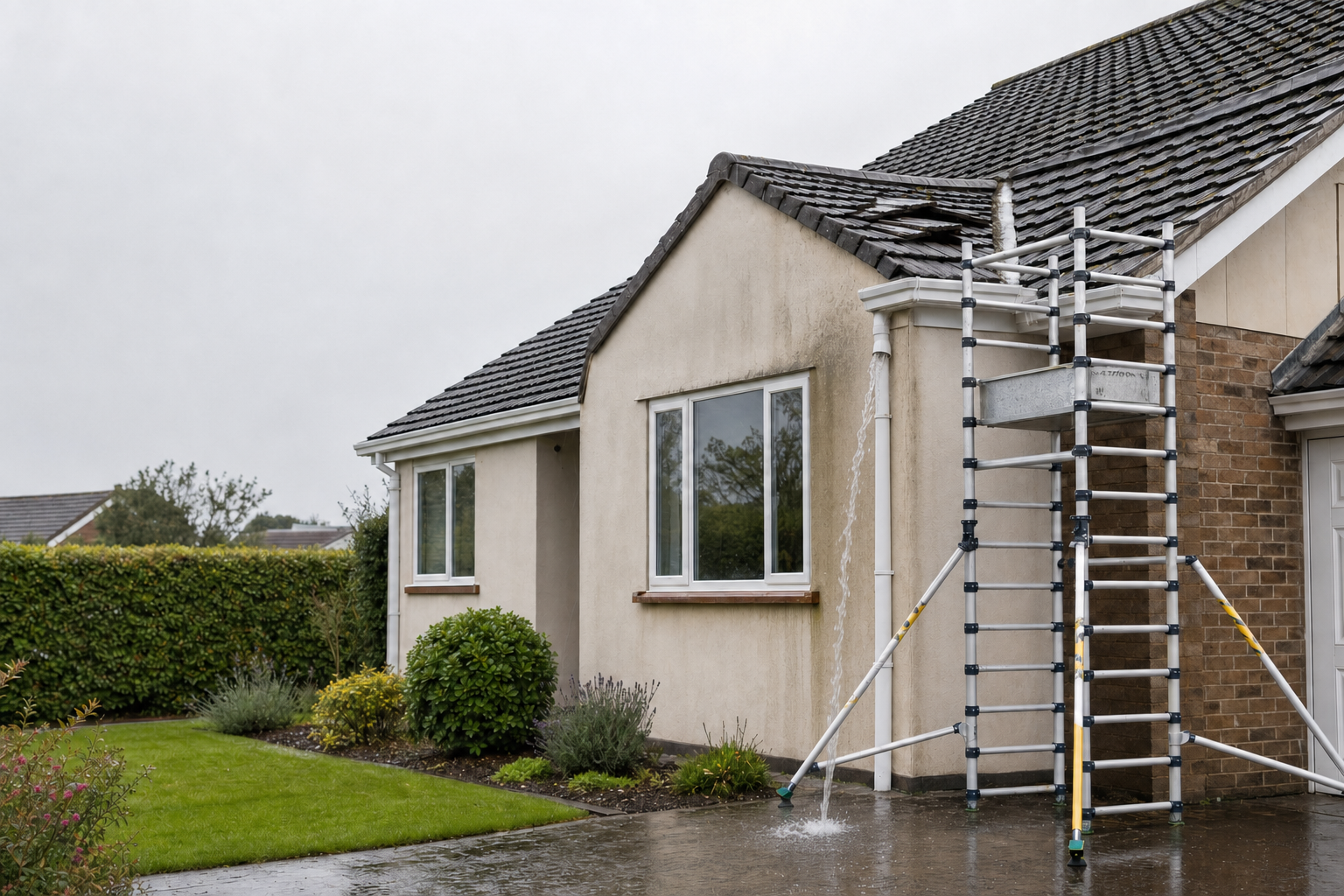 A detached house with a brown roof, garden, and a ladder leading to the roof during a rainy day.