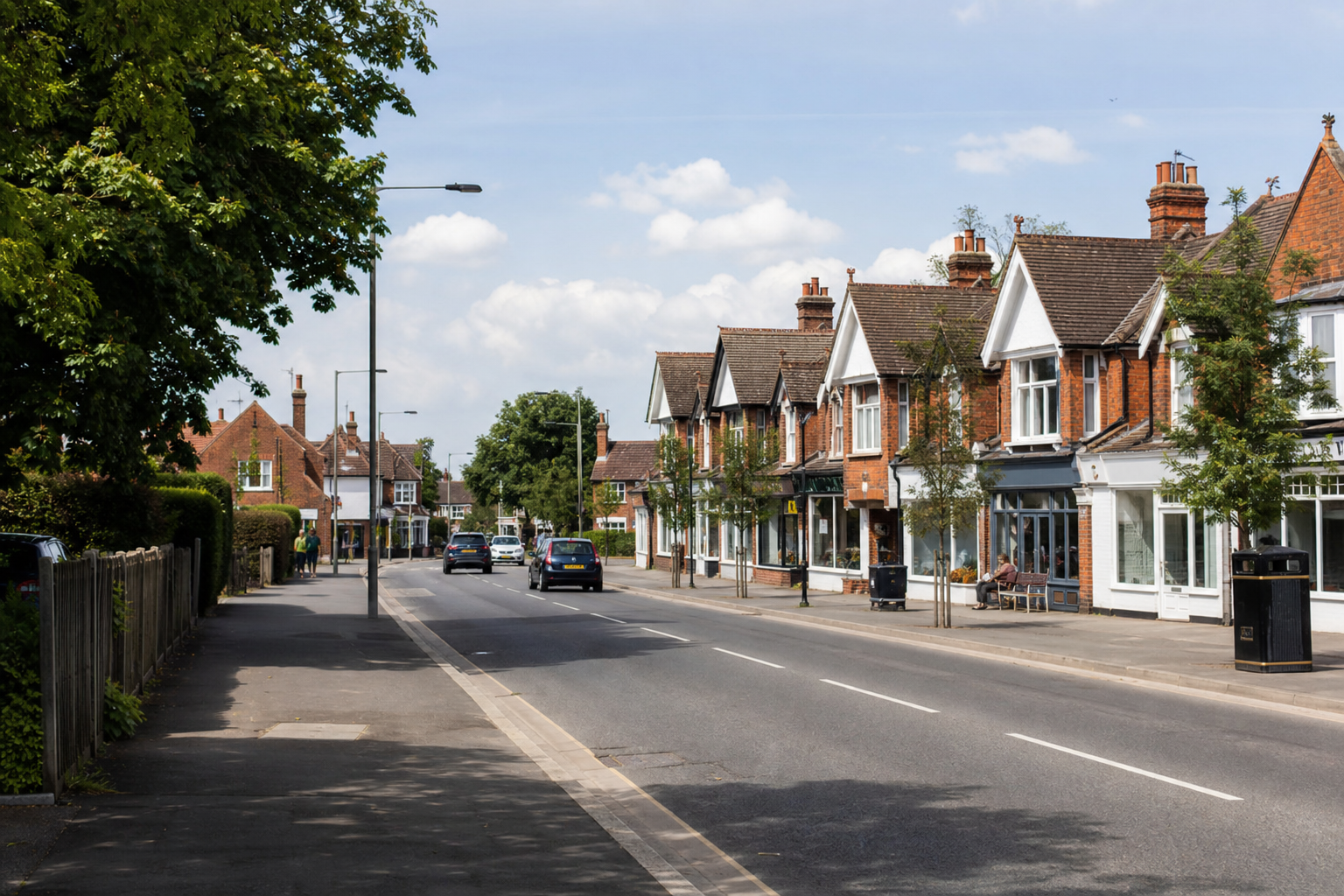 Quiet suburban street with red brick houses, parked cars, and trees under a blue sky.