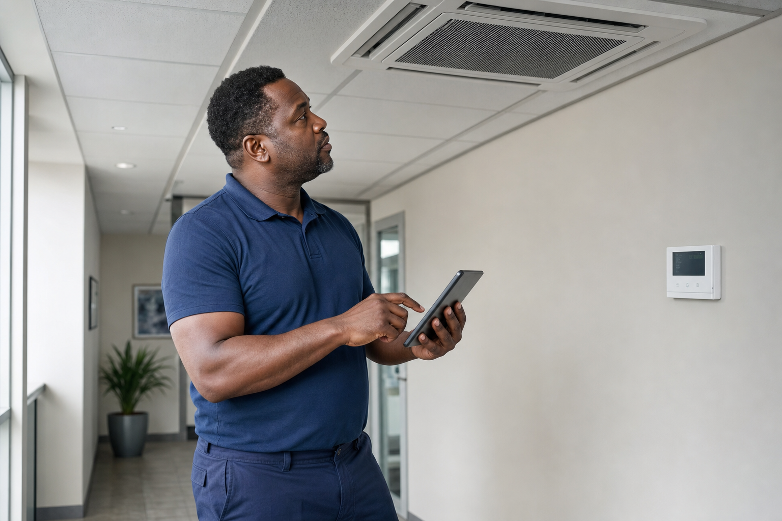 A man in a blue polo shirt inspects a ceiling air conditioning unit using a tablet.