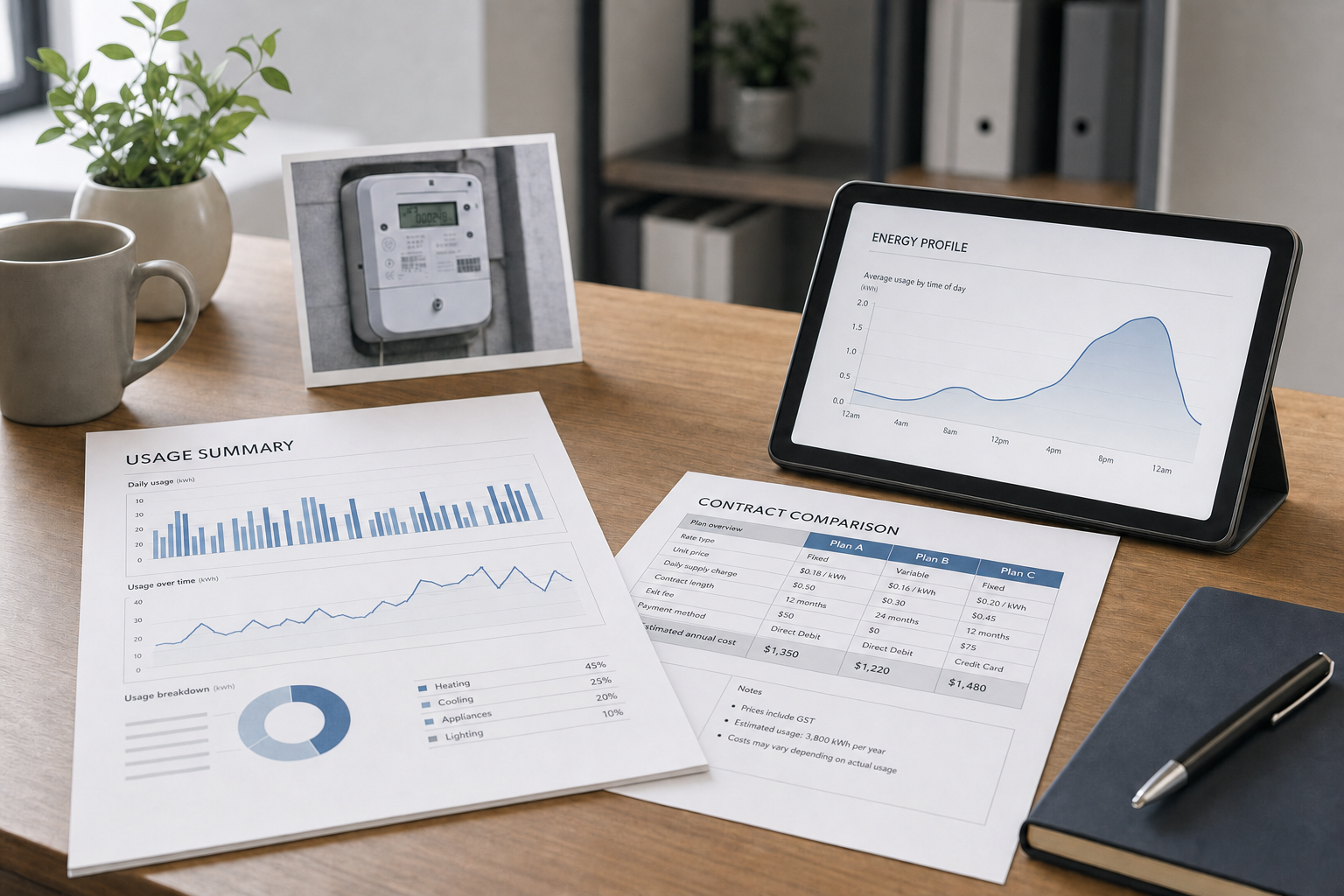 Tablet displaying energy profile next to energy usage documents on a wooden desk with a plant and coffee mug.