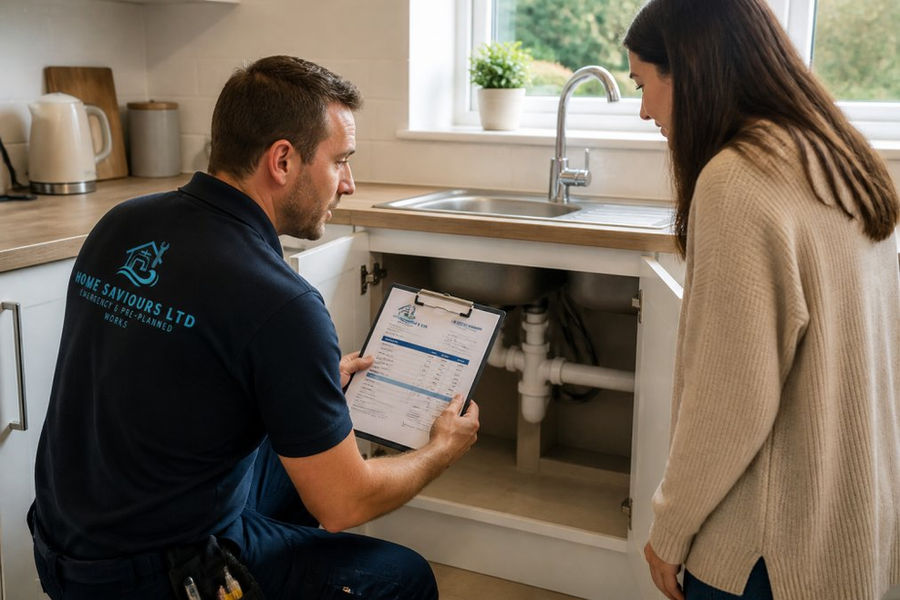 Plumber explaining an invoice and call out cost to a homeowner by a kitchen sink