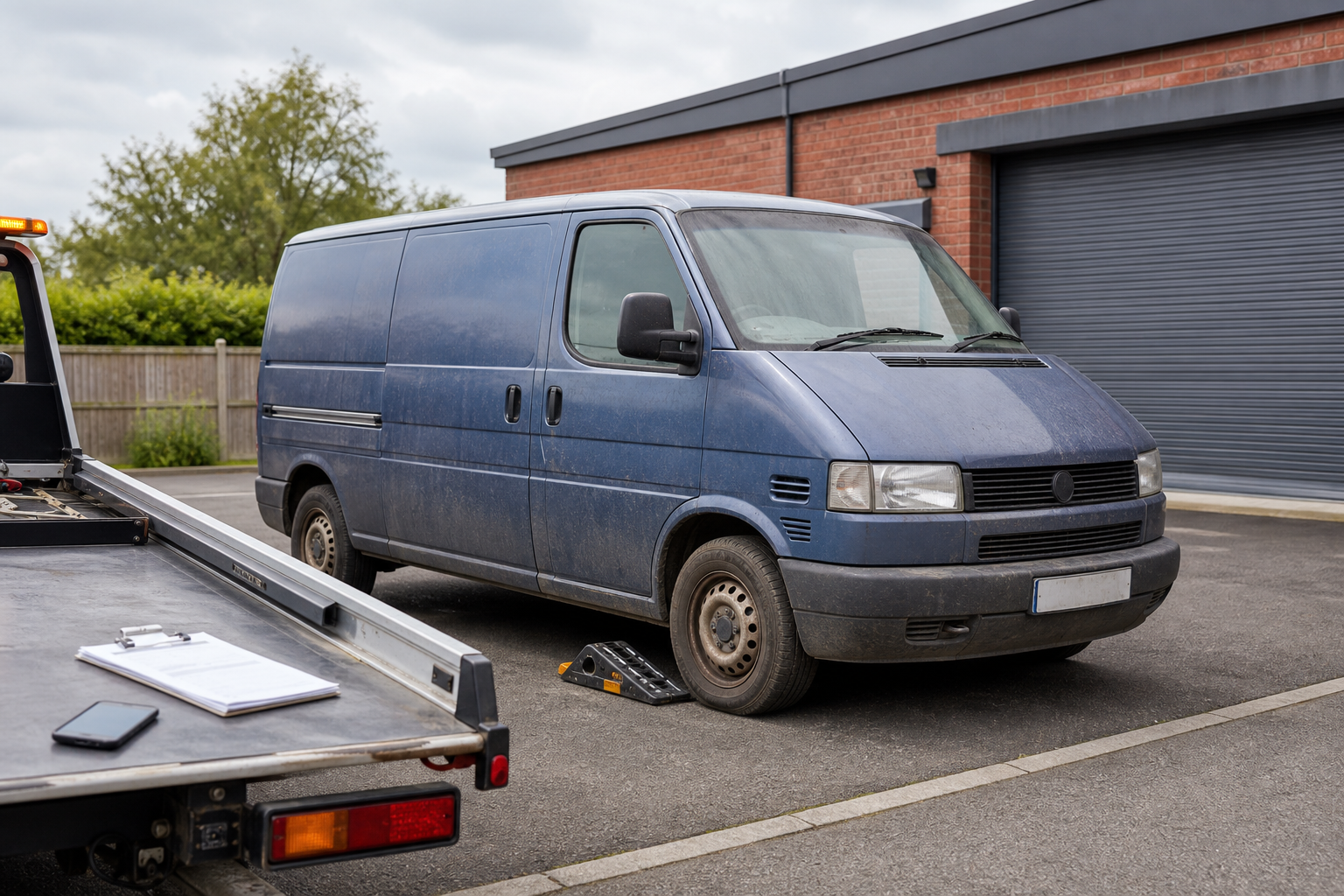 Blue van parked on the street with a tow truck's flatbed visible.