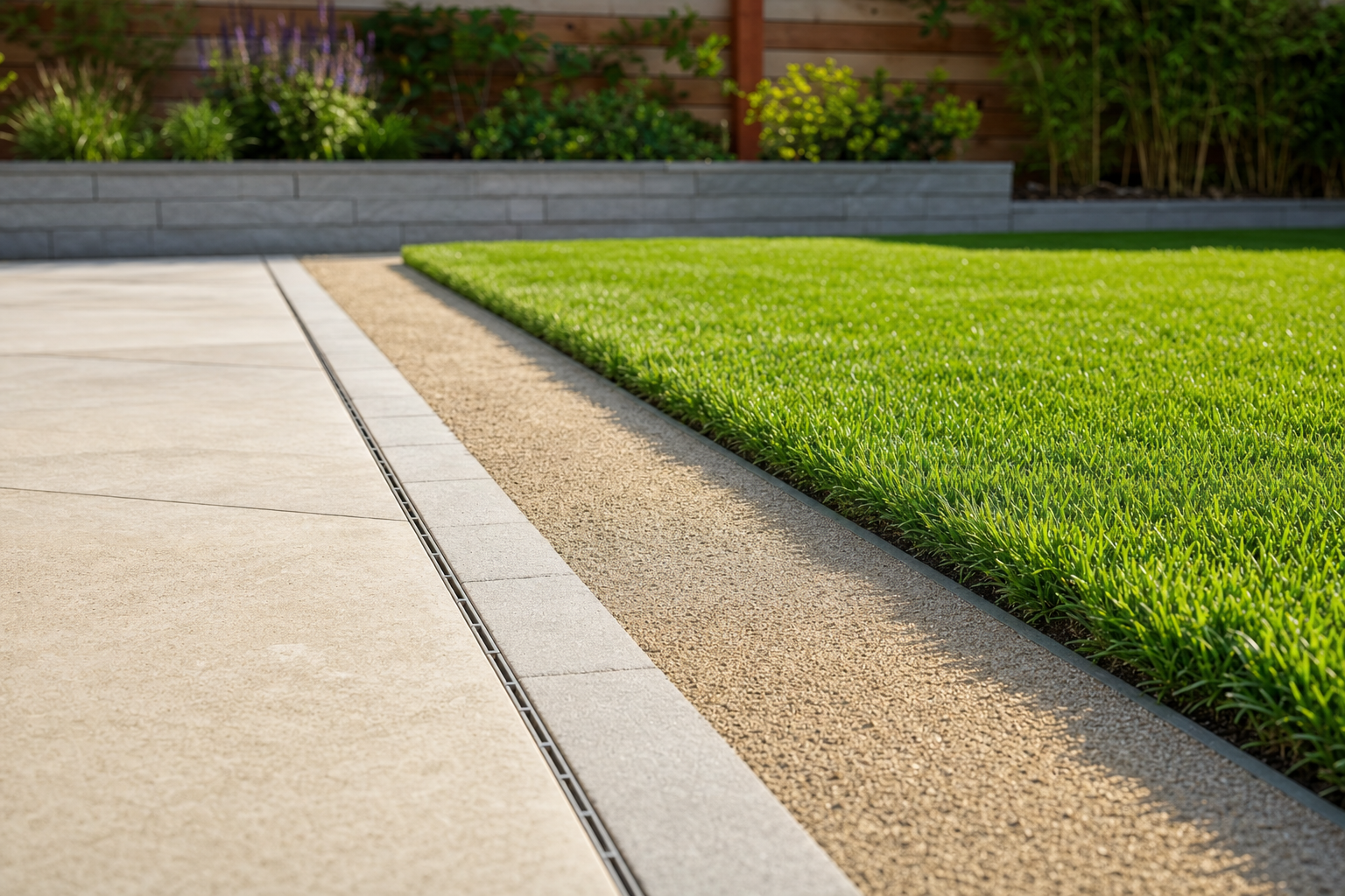 Stylish garden design featuring a smooth concrete patio, gravel path, and lush green lawn.