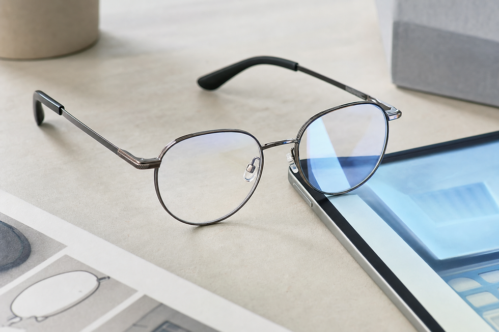 Round spectacles with a metallic frame resting on a tablet and paper on a desk.