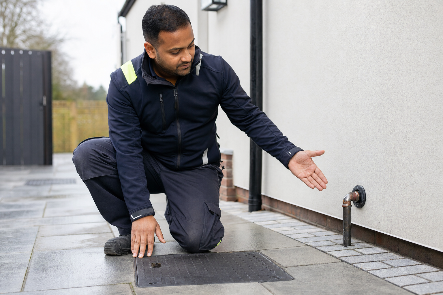 A man in a dark jacket kneels outside, inspecting a pipe emerging from a wall.