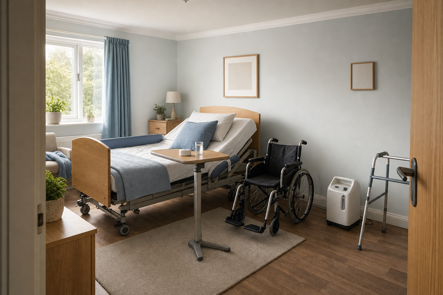 A well-equipped hospital room with a bed, wheelchair, walker, and oxygen machine.