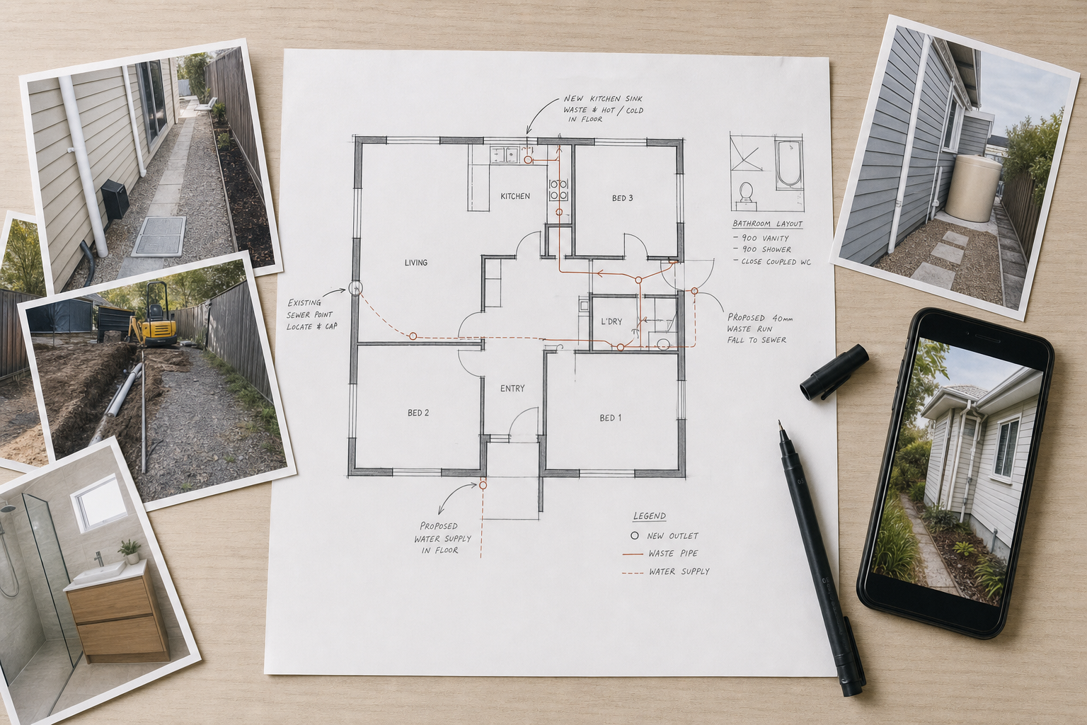 Floor plan for a home renovation with construction photos and a smartphone displaying an exterior view.