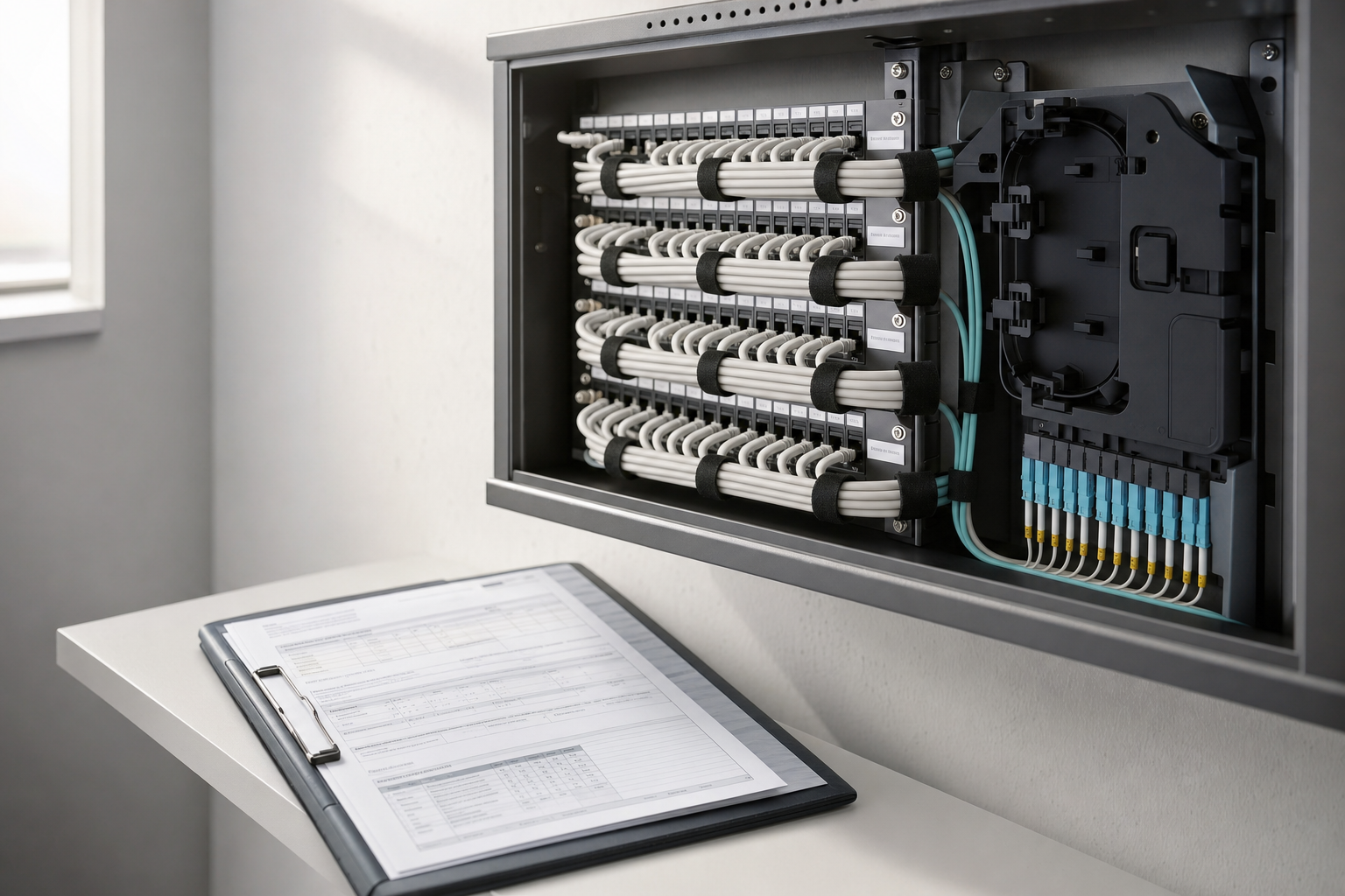 Network cables neatly organised in a server rack, with a clipboard of documentation on a nearby desk.