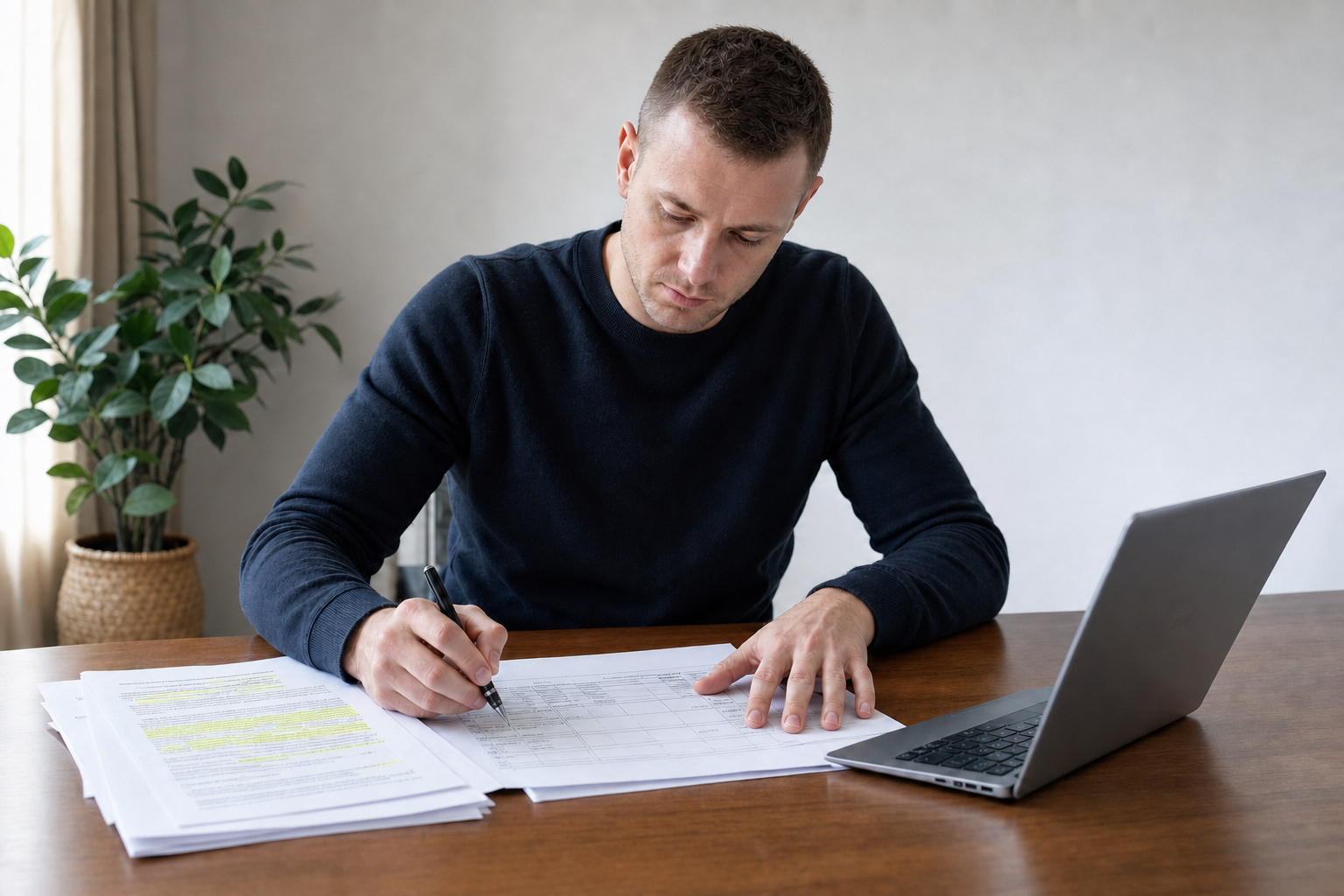 Man concentrating on paperwork at a desk with a laptop, highlighting text with a marker.