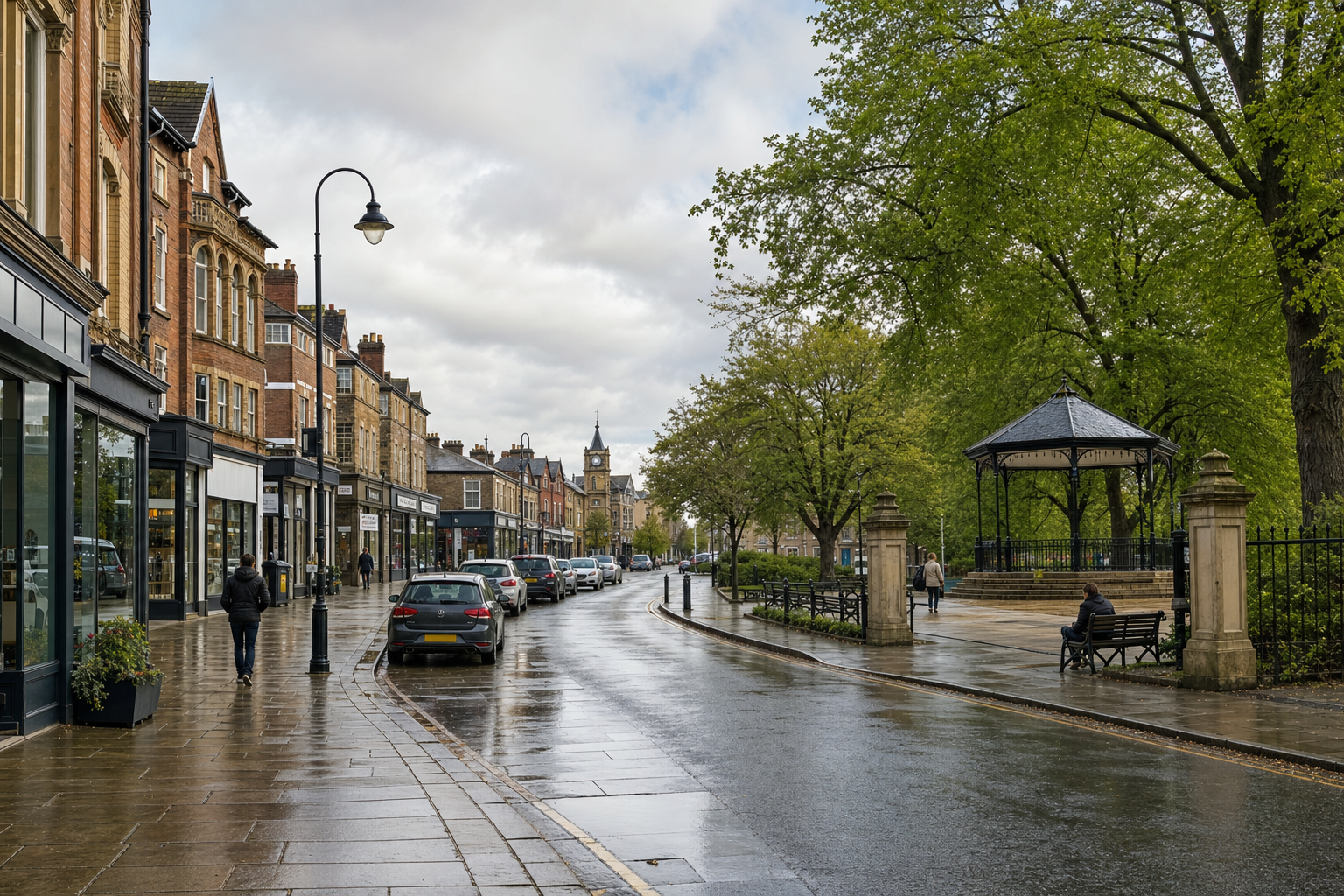 A rainy day on a quiet British high street with historic buildings and a park gazebo.