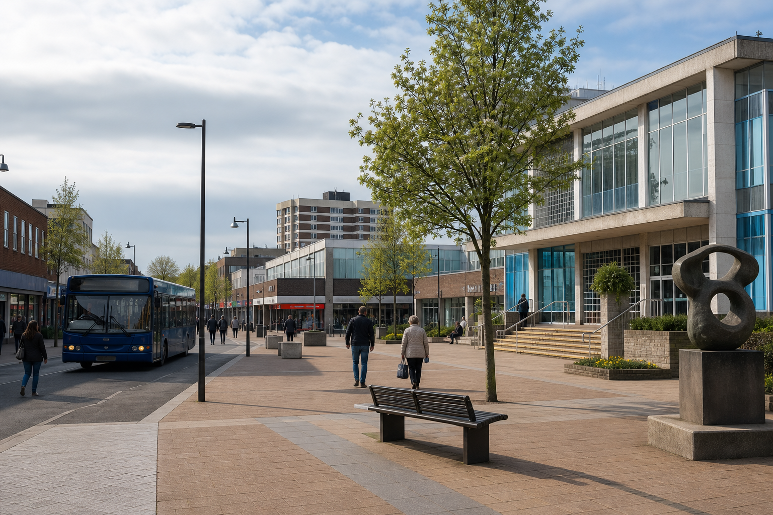 City street with pedestrians, a blue bus, modern buildings, and tree-lined sidewalks under a cloudy sky.