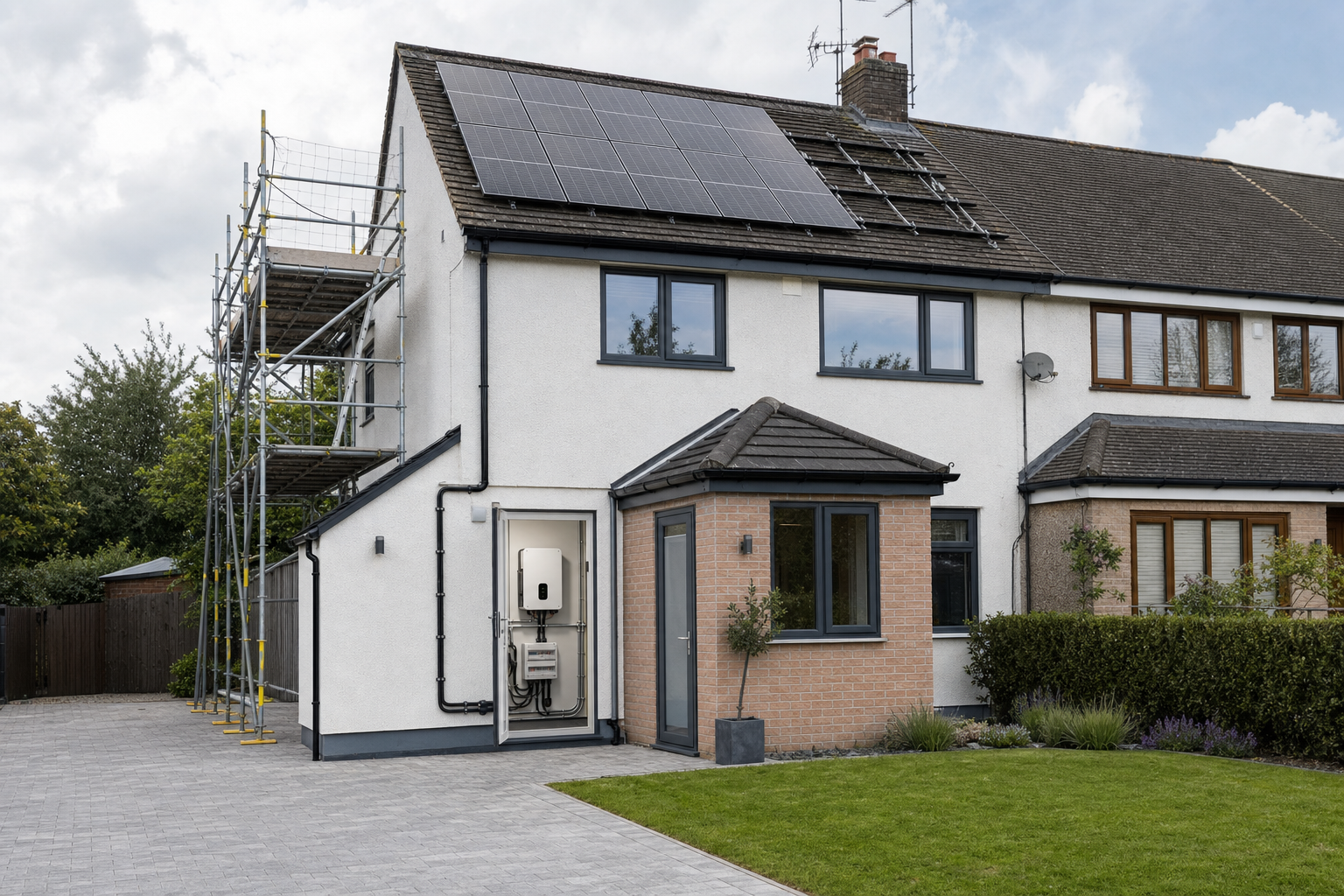 A semi-detached house with solar panels on the roof and scaffolding on the side.