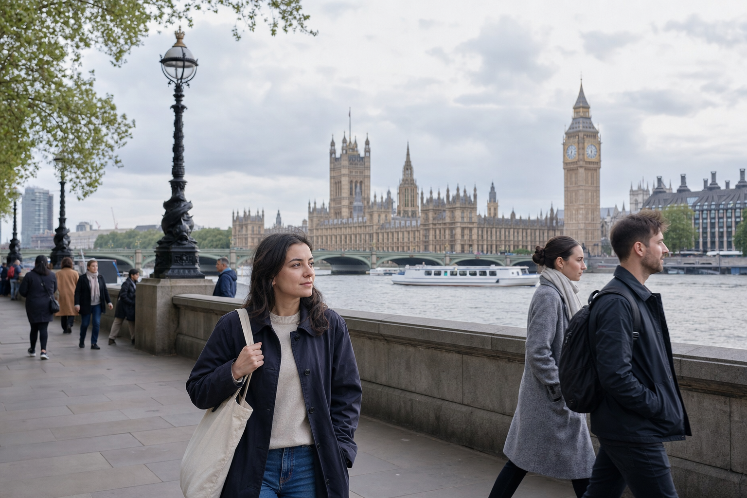 People walking along the Thames embankment with the Houses of Parliament in the background.