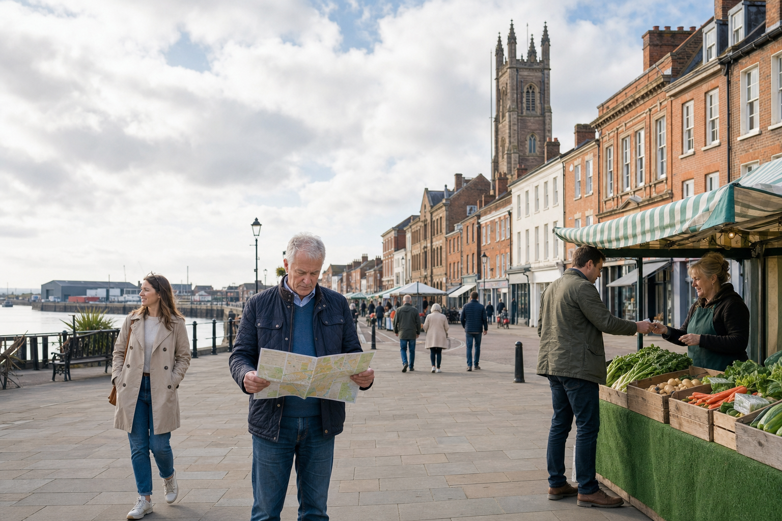 A man looks at a map near a riverside market stall with vegetables, under a cloudy sky in a bustling town setting.