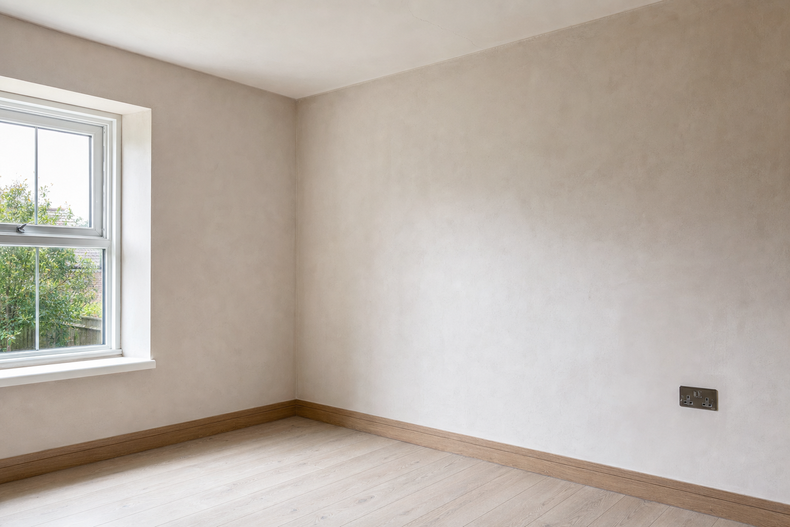 Empty room with light wooden floor, cream walls, and a large window offering a view of greenery.