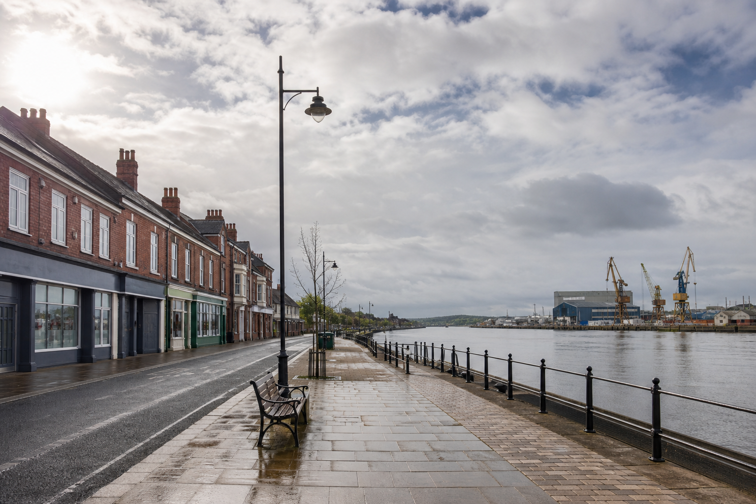 A waterfront street lined with buildings and a view of cranes across the water.