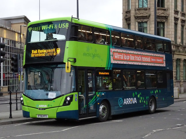 Seen in LIverpool is No: 4800 Reg: BT66 MTE Wright Gemini 3 on Rail Replacement duty. Underneath is No: 4504 Reg: MX13 AEE Wright Gemini 2 variant on Cross River Service 433 to New Brighton.