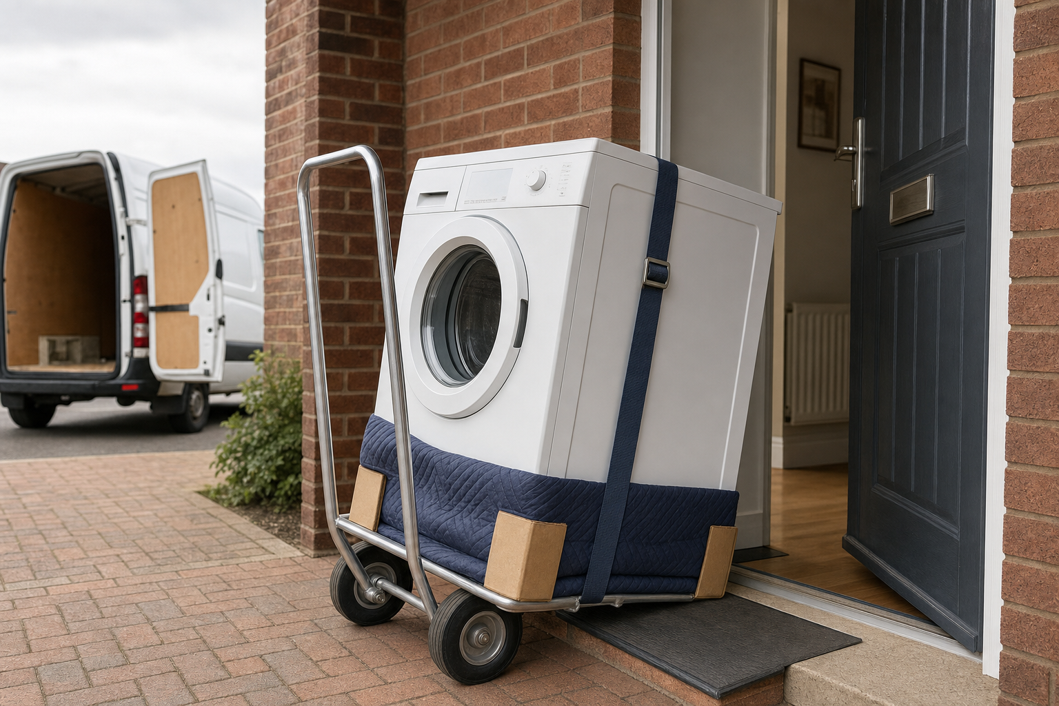 A washing machine is being moved on a hand truck through a doorway, with a van parked outside.