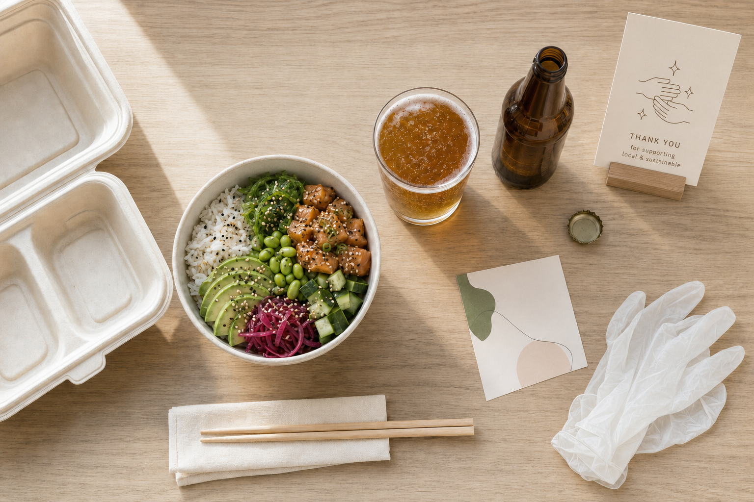 A poke bowl with salmon, avocado, and rice sits on a wooden table beside a drink, eco-friendly packaging, and a thank you card.